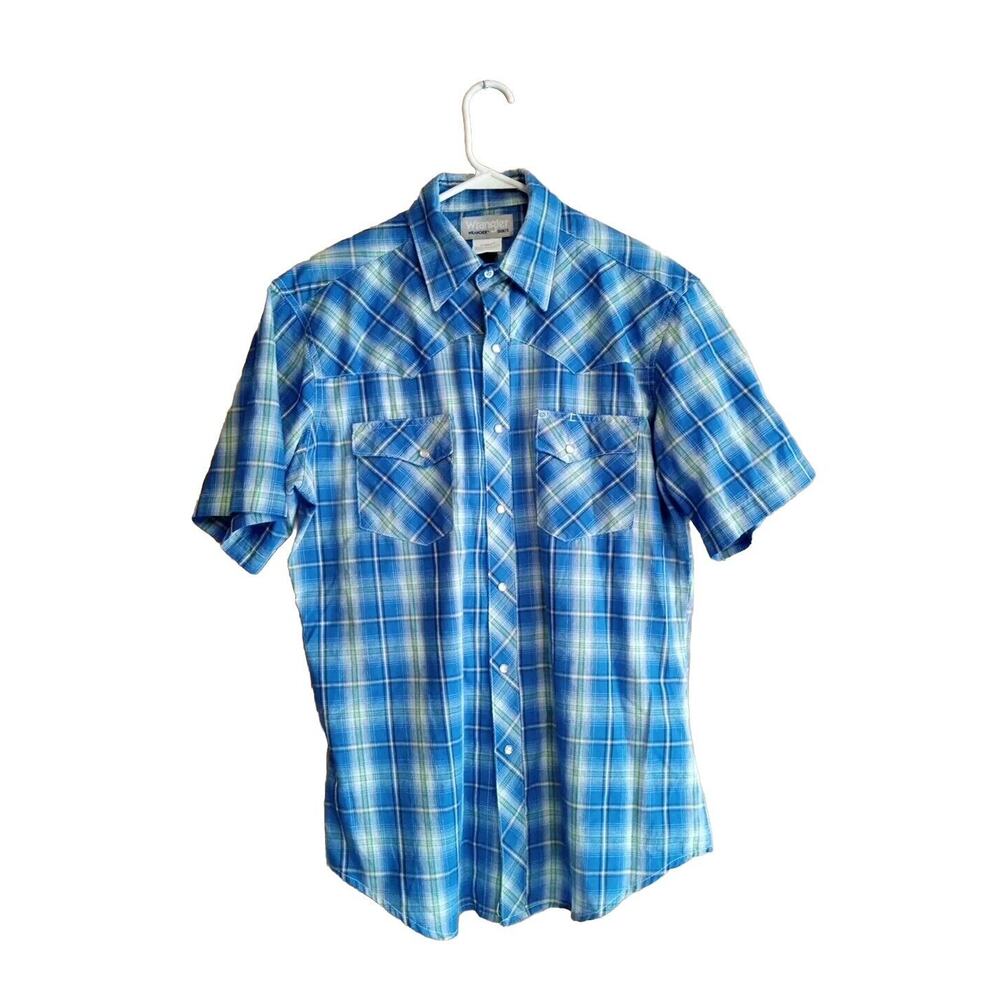 Wrangler Wrancher Blue Check Plaid Short Sleeve Shirt Pearl Snaps Men's Size M